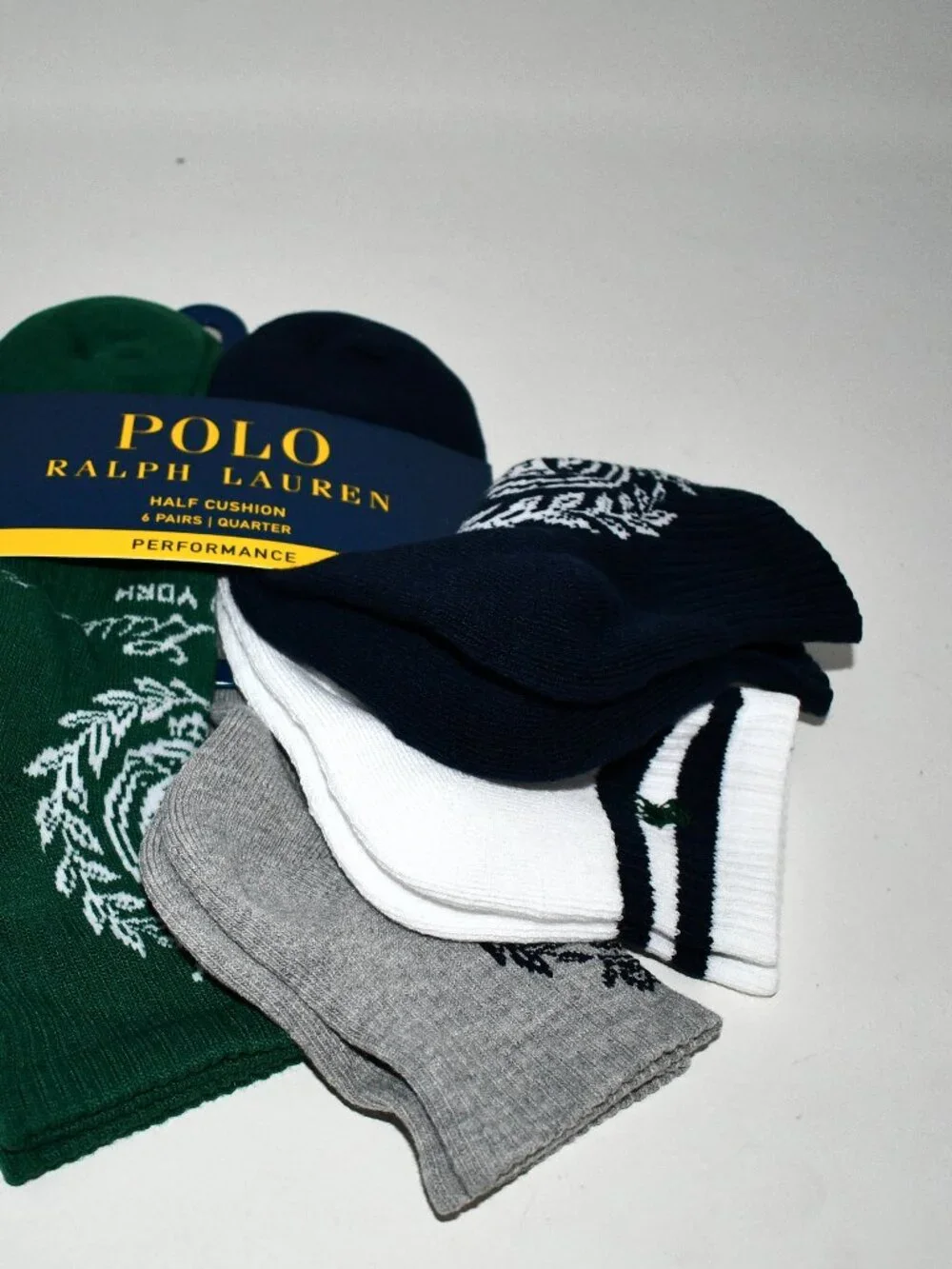 Polo Ralph Lauren 6-pack quarter length socks W RL crest #824680PK3 NWT Details: